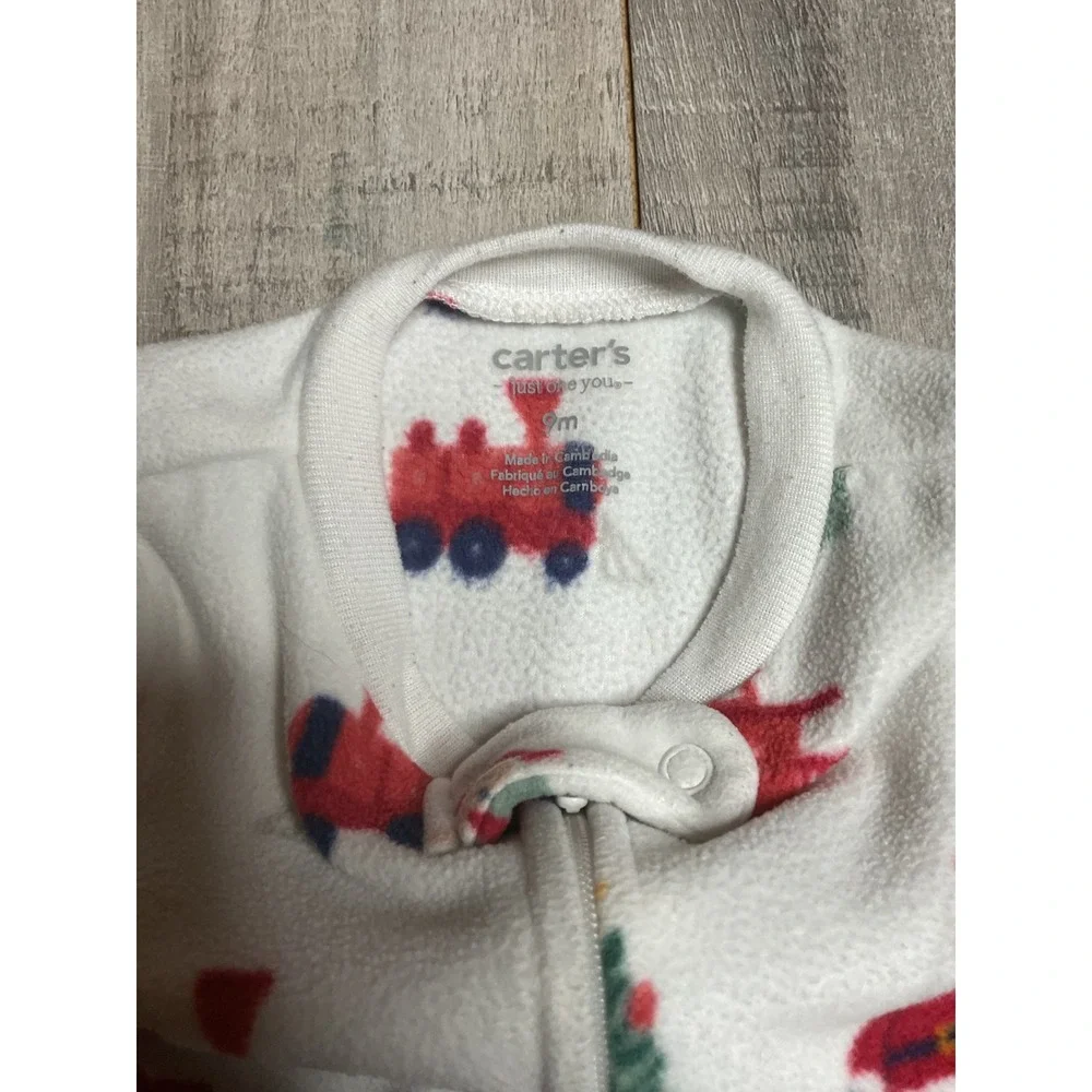 Carters Just One You Baby 9M Christmas Fleece Footed Sleeper Santa Train White